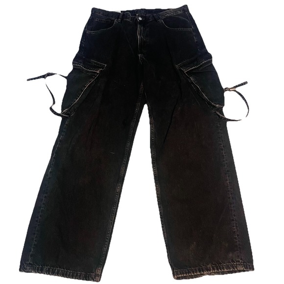 Zara Cargo Black Jeans Men's 34 Utility Grunge Baggy Wide Denim Streetwear